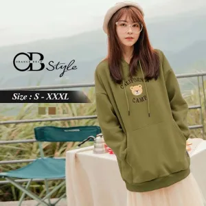 BEAR EMBROIDERED COTTON ROUND NECK HOODED TOPS