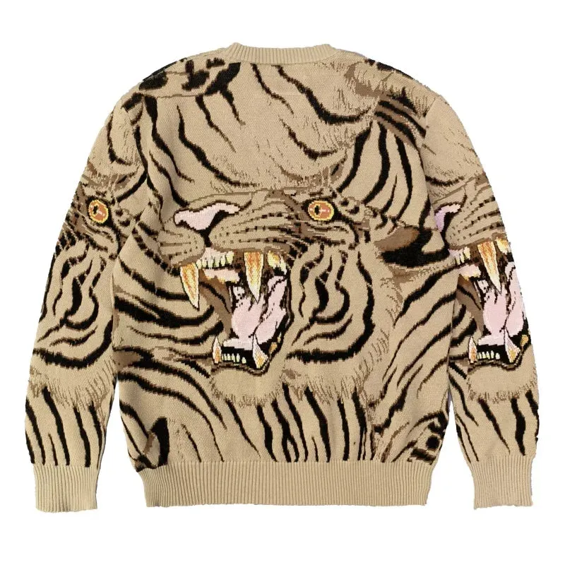 Bonsir Japanese Retro Tiger Print Patchwork Crew Neck Sweaters for Men and Women Harajuku Baggy Casual Knitted Clothes Oversized