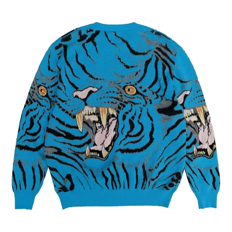 Bonsir Japanese Retro Tiger Print Patchwork Crew Neck Sweaters for Men and Women Harajuku Baggy Casual Knitted Clothes Oversized