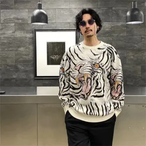 Bonsir Japanese Retro Tiger Print Patchwork Crew Neck Sweaters for Men and Women Harajuku Baggy Casual Knitted Clothes Oversized