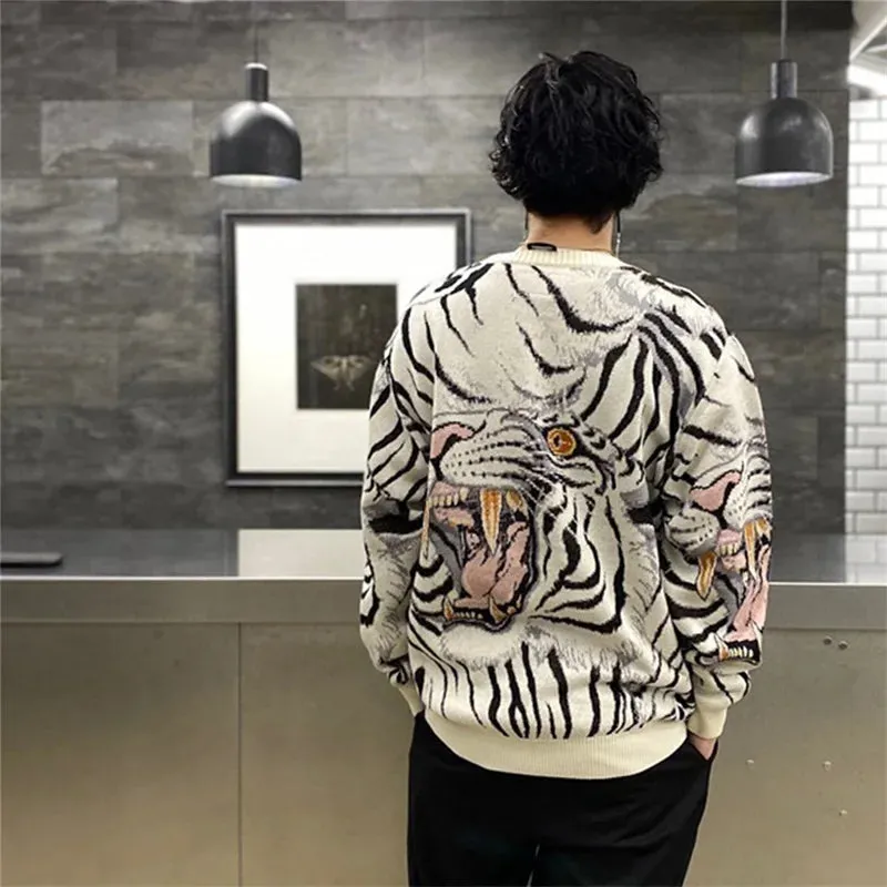 Bonsir Japanese Retro Tiger Print Patchwork Crew Neck Sweaters for Men and Women Harajuku Baggy Casual Knitted Clothes Oversized