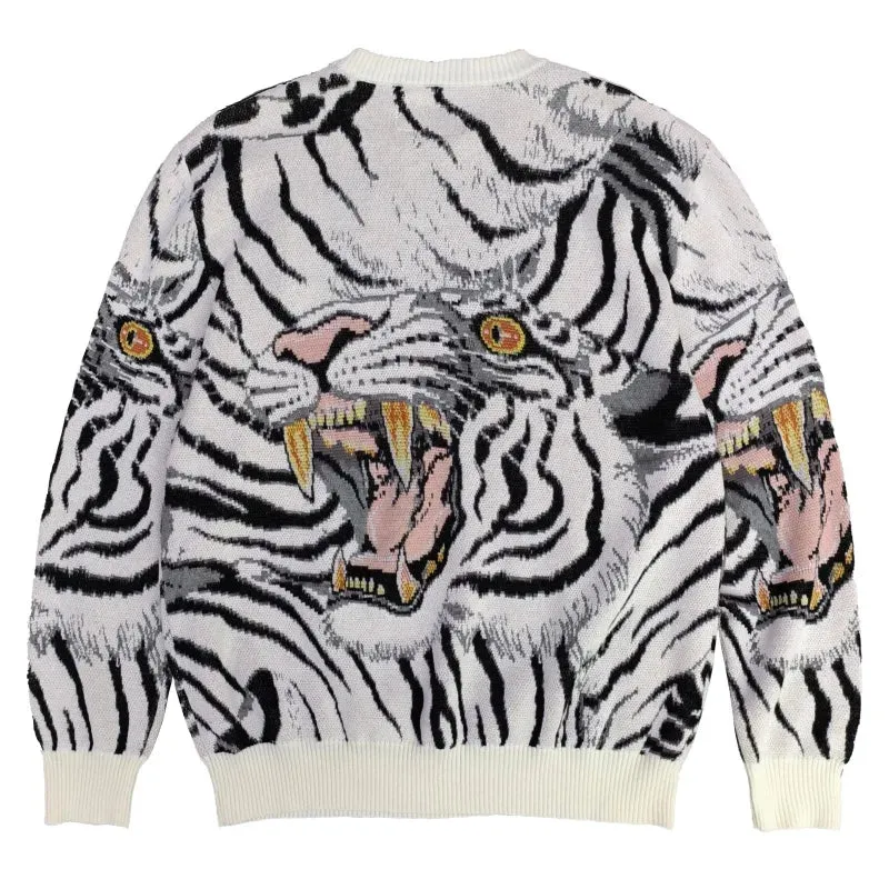 Bonsir Japanese Retro Tiger Print Patchwork Crew Neck Sweaters for Men and Women Harajuku Baggy Casual Knitted Clothes Oversized