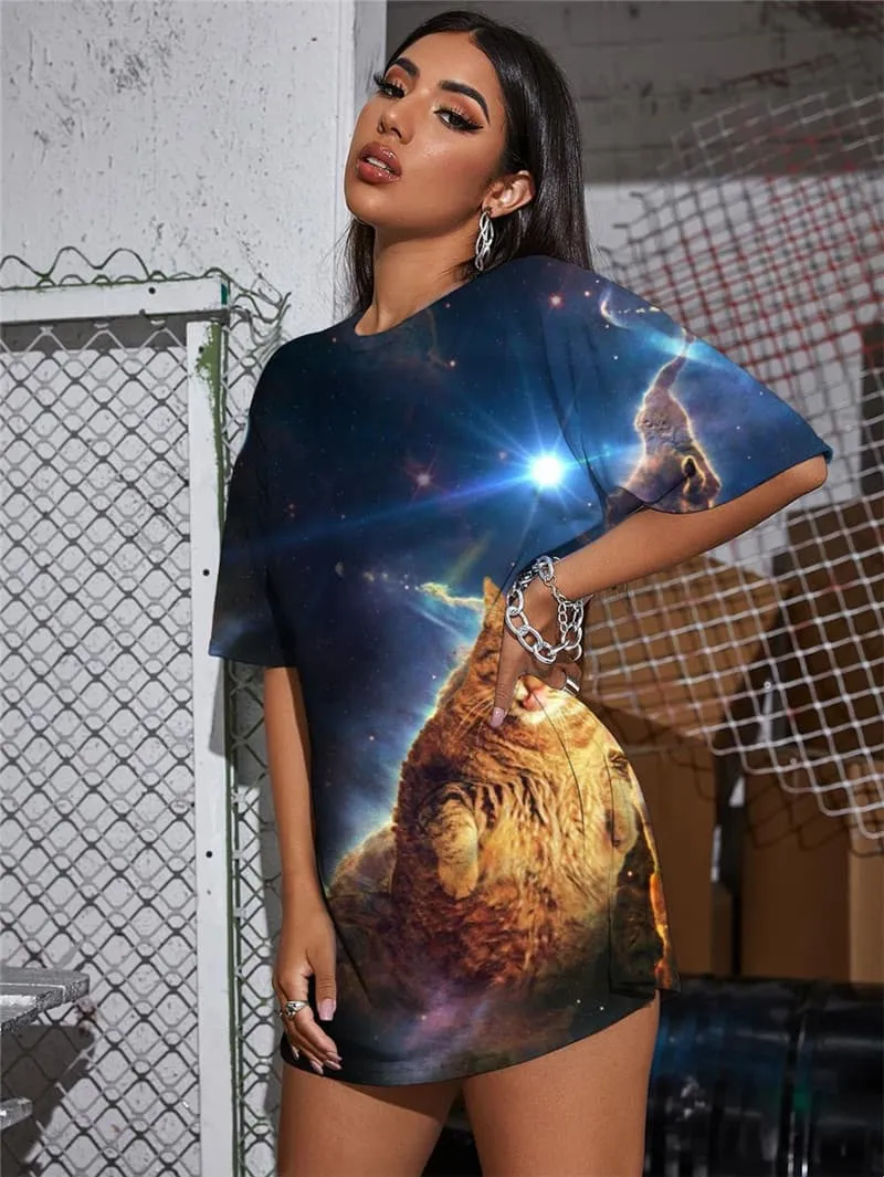 Cat T Shirt Women Animal Summer Galaxy T-shirts 3d Moon Funny T shirts Nebula Gothic