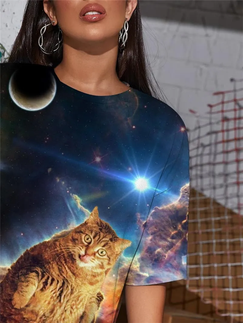 Cat T Shirt Women Animal Summer Galaxy T-shirts 3d Moon Funny T shirts Nebula Gothic