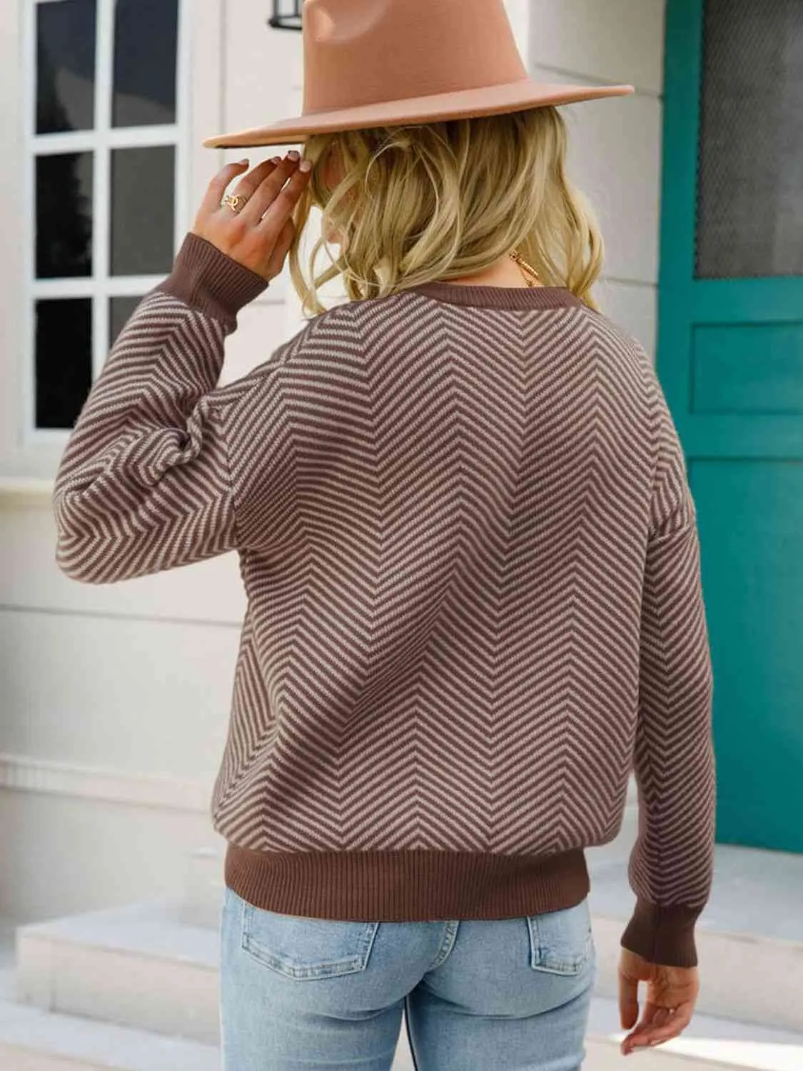 Chevron Ribbed Trim Dropped Shoulder Knit Pullover