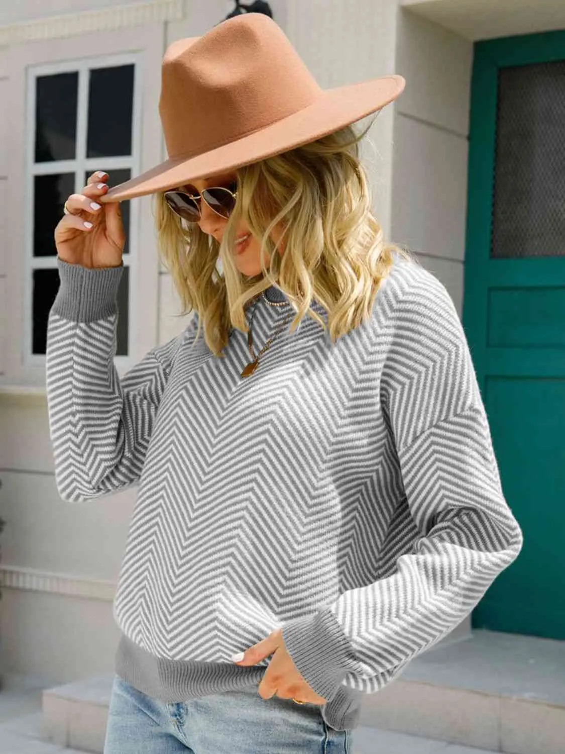 Chevron Ribbed Trim Dropped Shoulder Knit Pullover