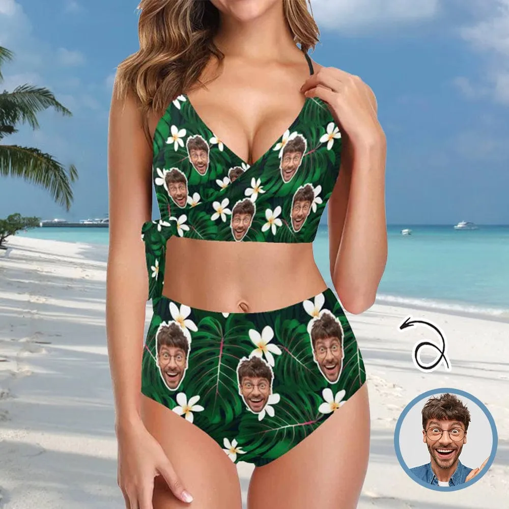 Custom Face White Flower Green Leaf Knot Side Bikini Swimsuit Women's Two Piece Swimsuit Personalized Bathing Suit Summer Beach Pool Outfits