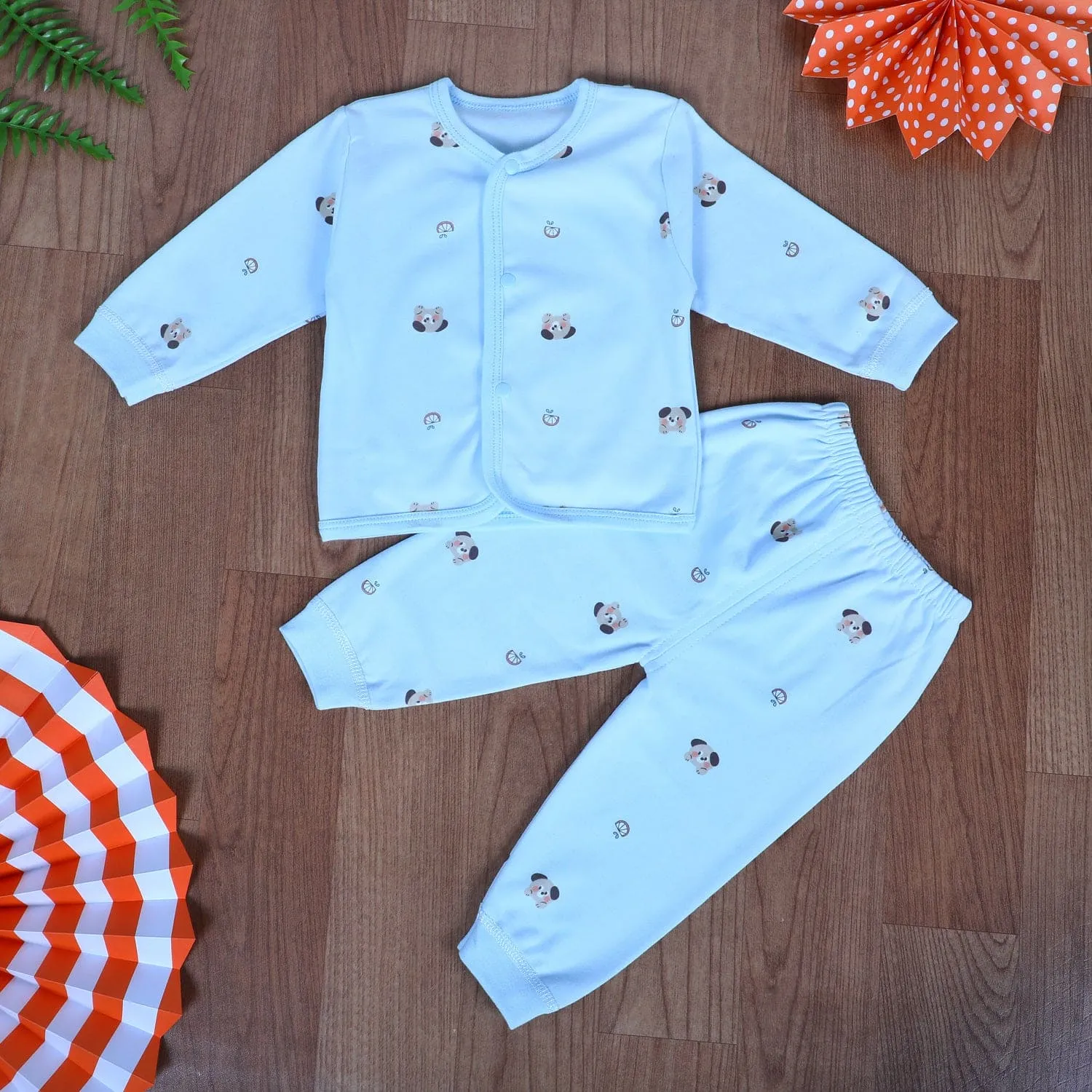 Cute Puppy Full Sleeves 2 Piece Buttoned Pyjama Set Night Suit - Blue