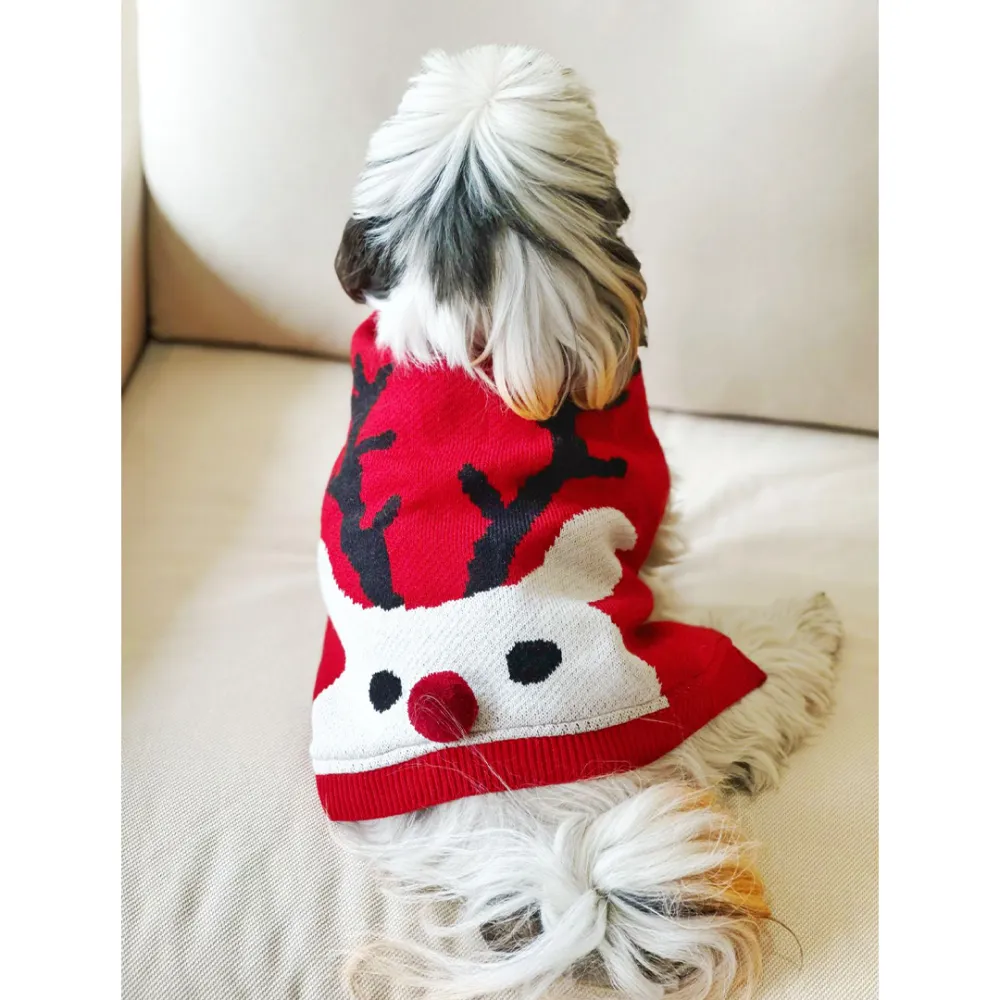 Dogobow Reindeer Knit Sweater for Dogs and Cats (Red) (Get a Bow Free)