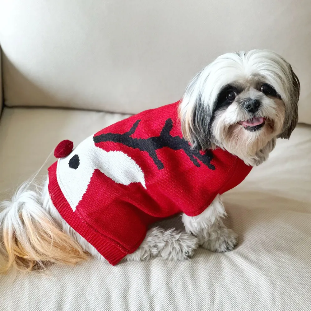 Dogobow Reindeer Knit Sweater for Dogs and Cats (Red) (Get a Bow Free)