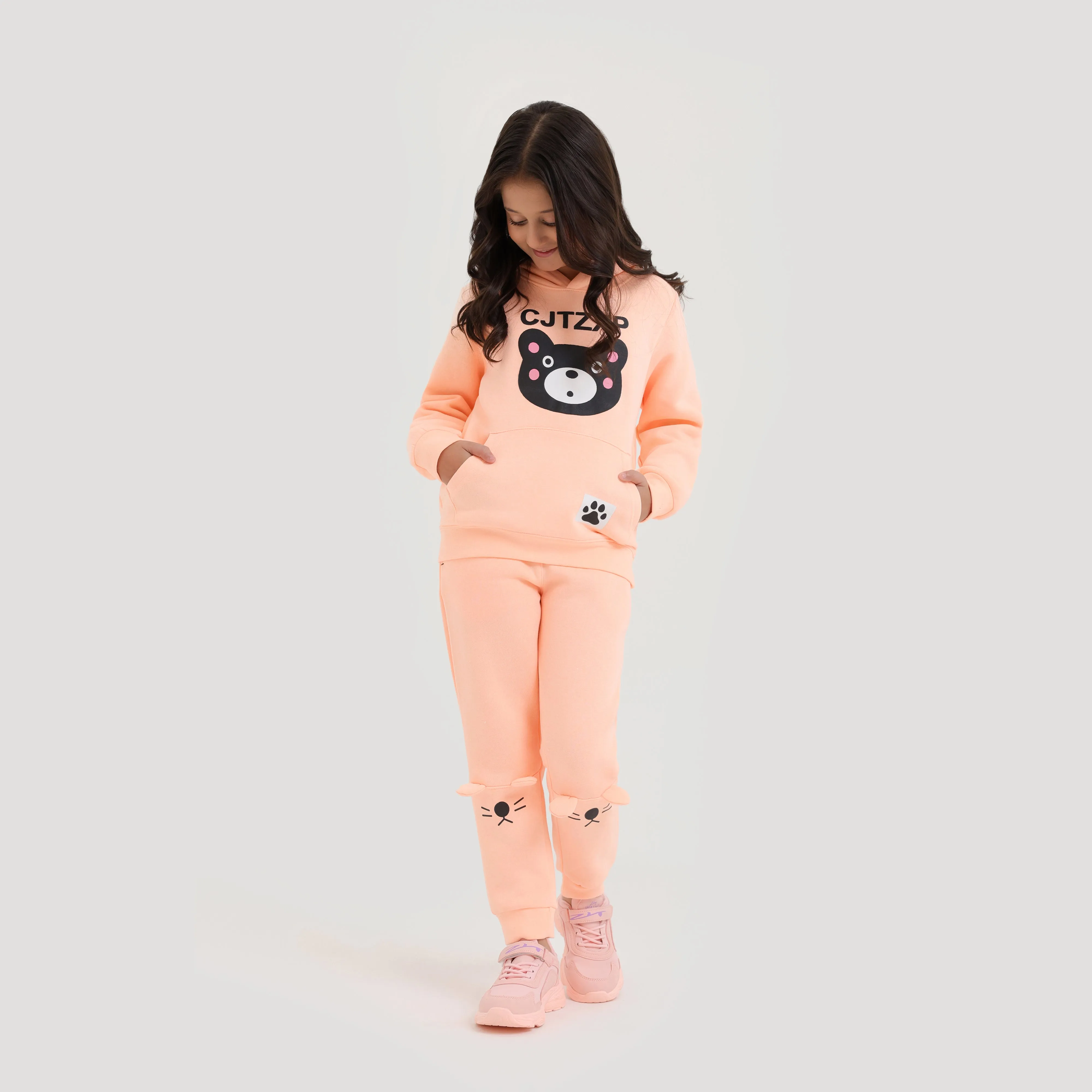 Girls Premium Quality Printed PEACH PULLOVER Fleece Track Suit