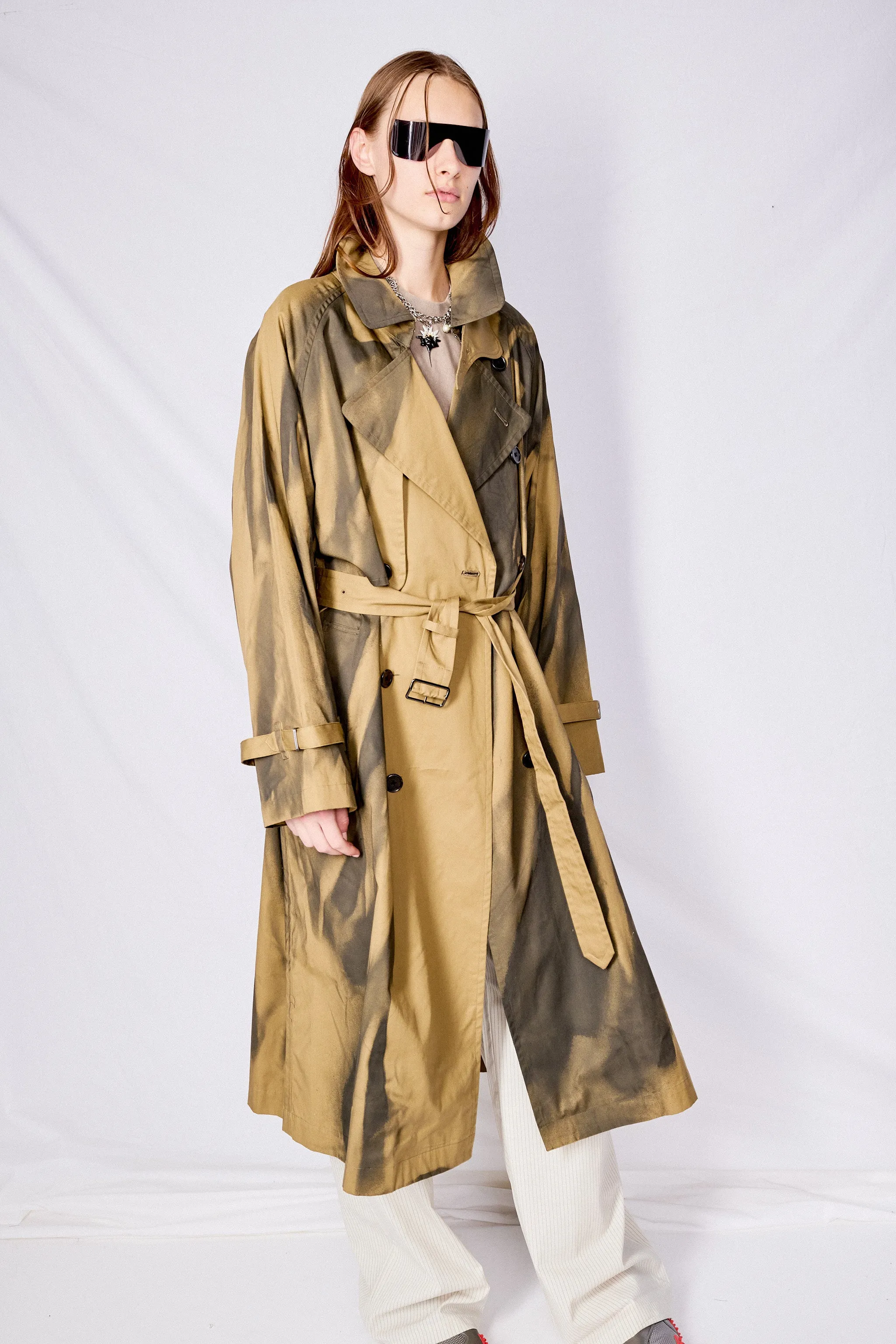 Khaki Spray Printed Trench Coat