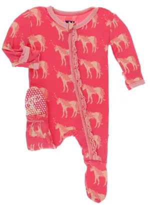 KicKee Pants Red Ginger Unicorns Muffin Ruffle Footie with Zipper