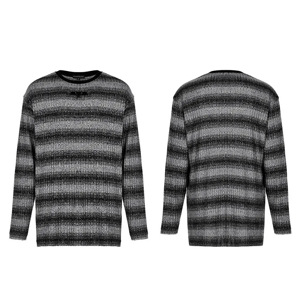 Monochrome Striped Punk Loose Sweater With Metal Buckle