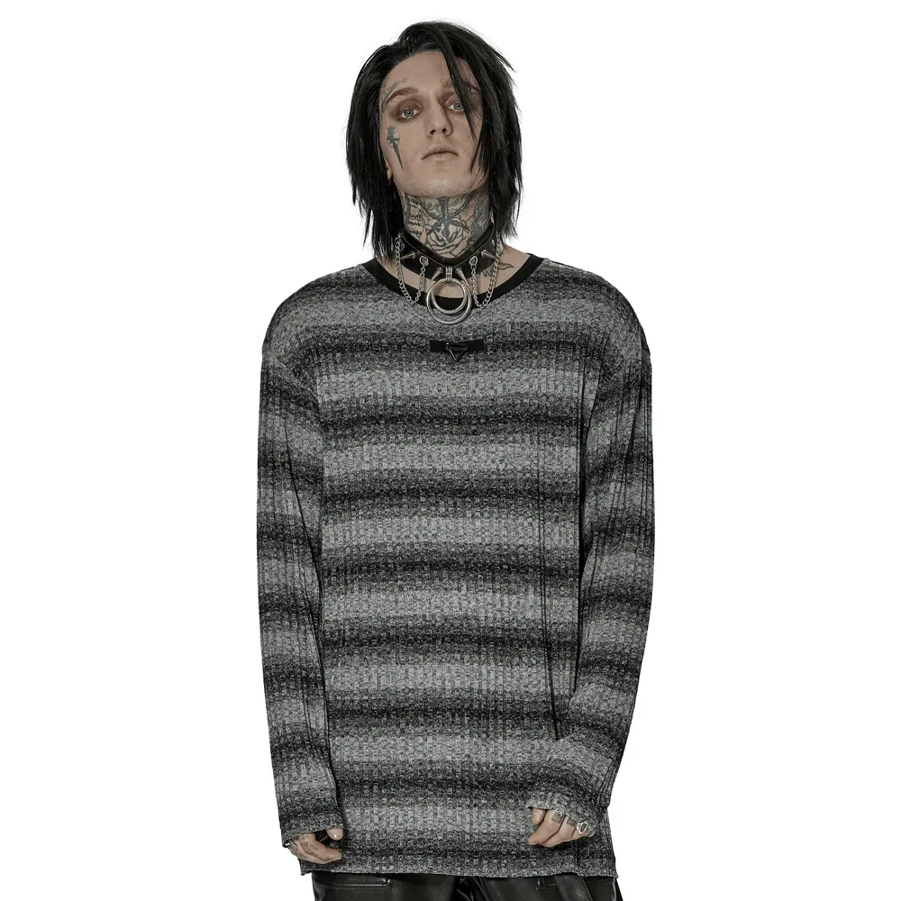 Monochrome Striped Punk Loose Sweater With Metal Buckle