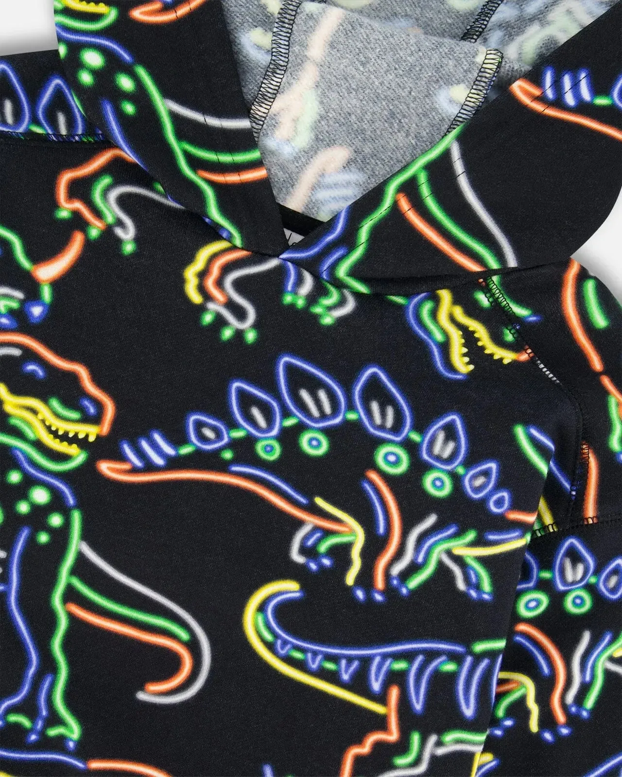 Printed Neon Dino Fleece Hooded Sweatshirt Black