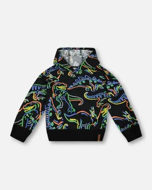 Printed Neon Dino Fleece Hooded Sweatshirt Black