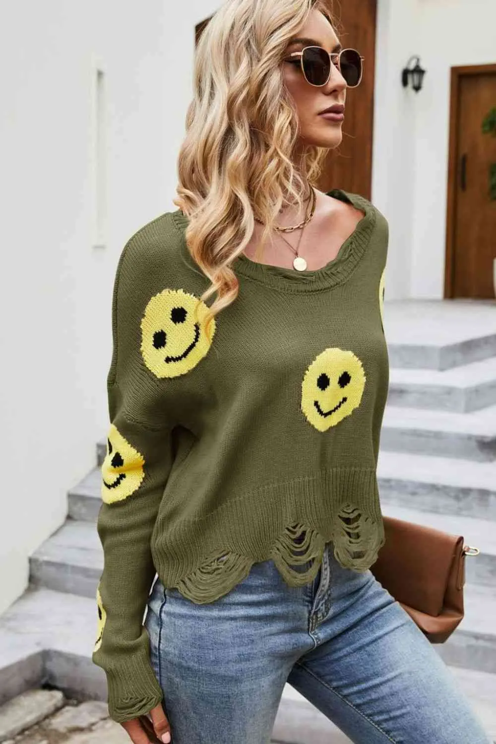 Smiley Face Distressed Round Neck Sweater