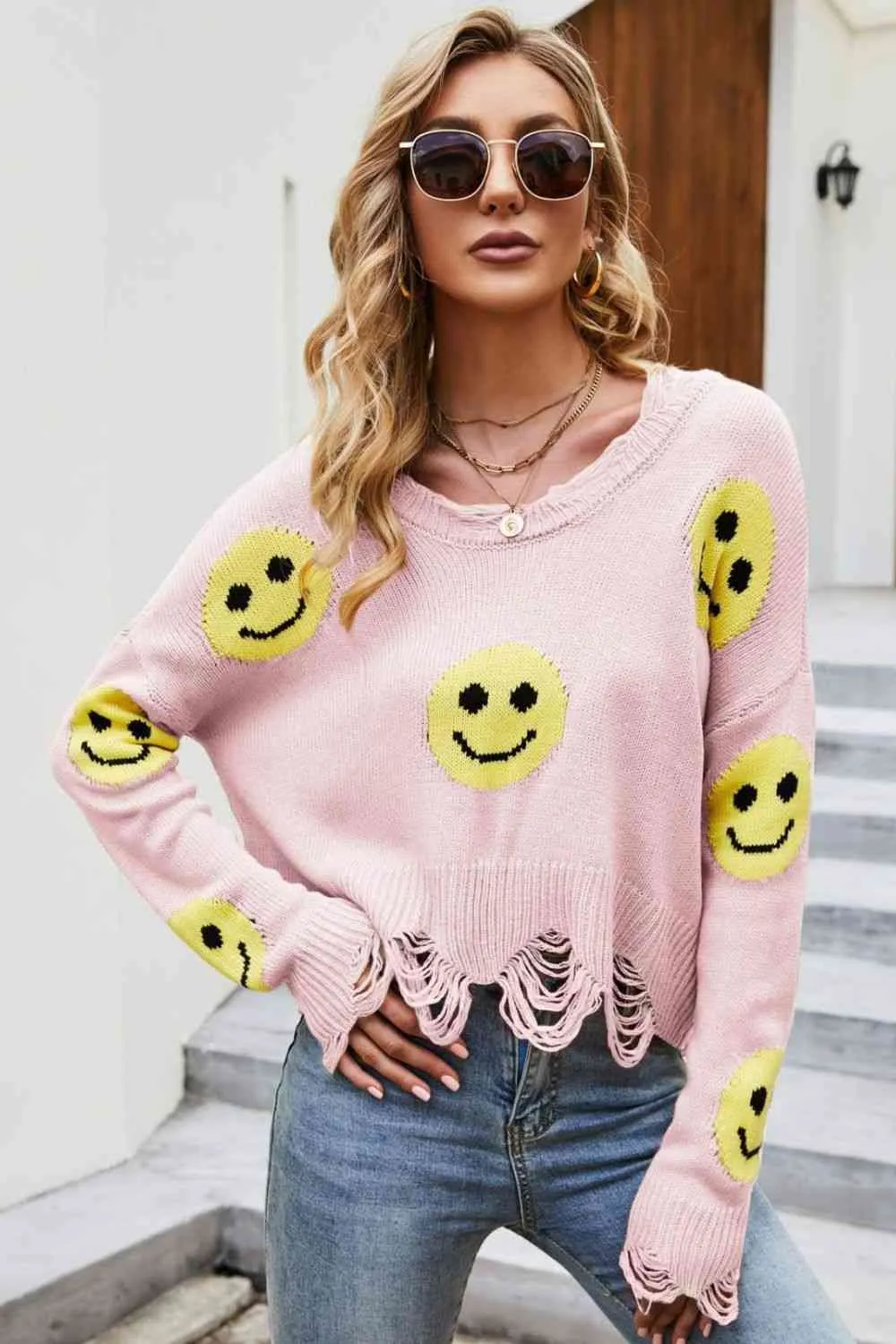 Smiley Face Distressed Round Neck Sweater