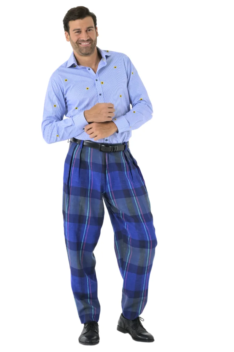 Tapered Blue Checkered Tango Pants With Two Inverted Pleats