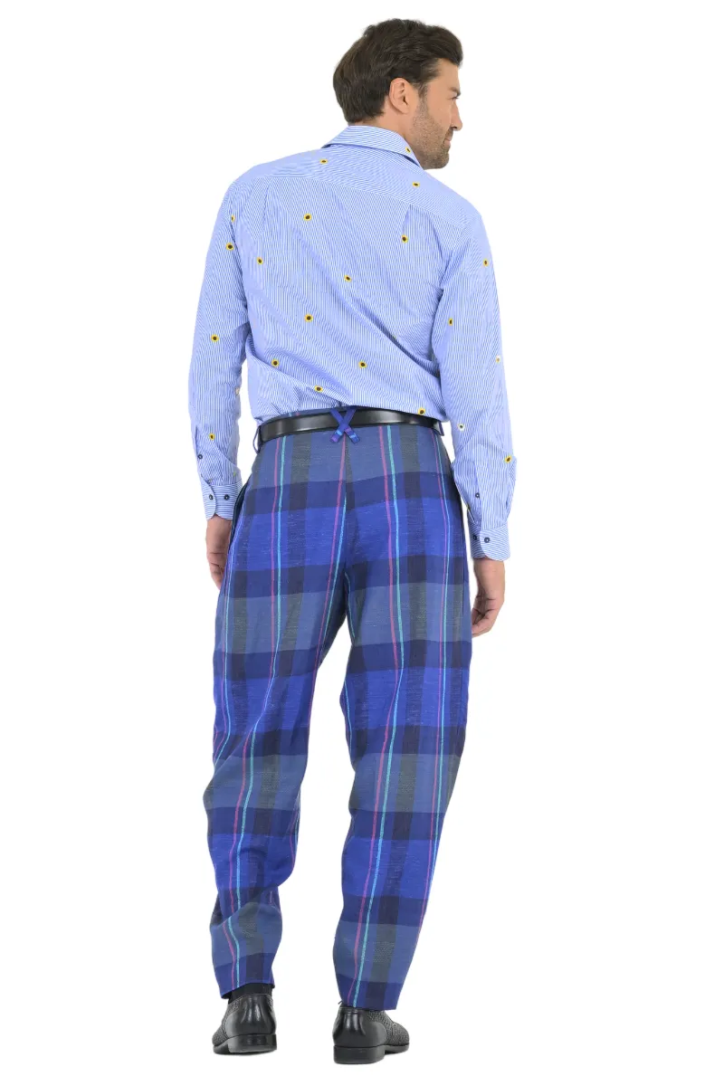 Tapered Blue Checkered Tango Pants With Two Inverted Pleats