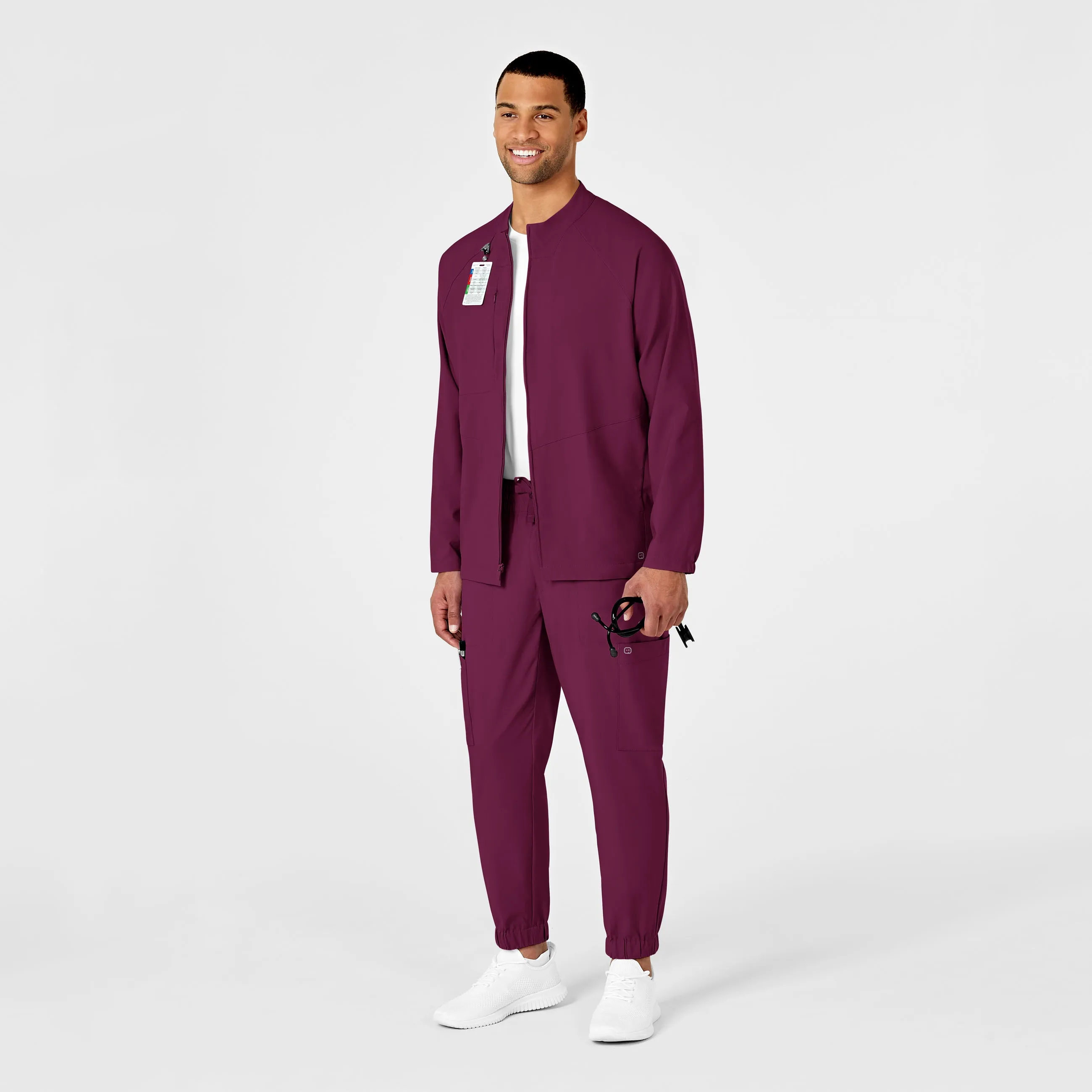 W123 Mens Zip Front Warm Up Scrub Jacket - Wine