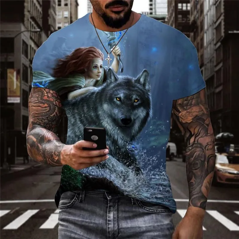 Wolf T-shirt Men Animal Tshirts Casual Night Funny T shirts Street T-shirts 3d